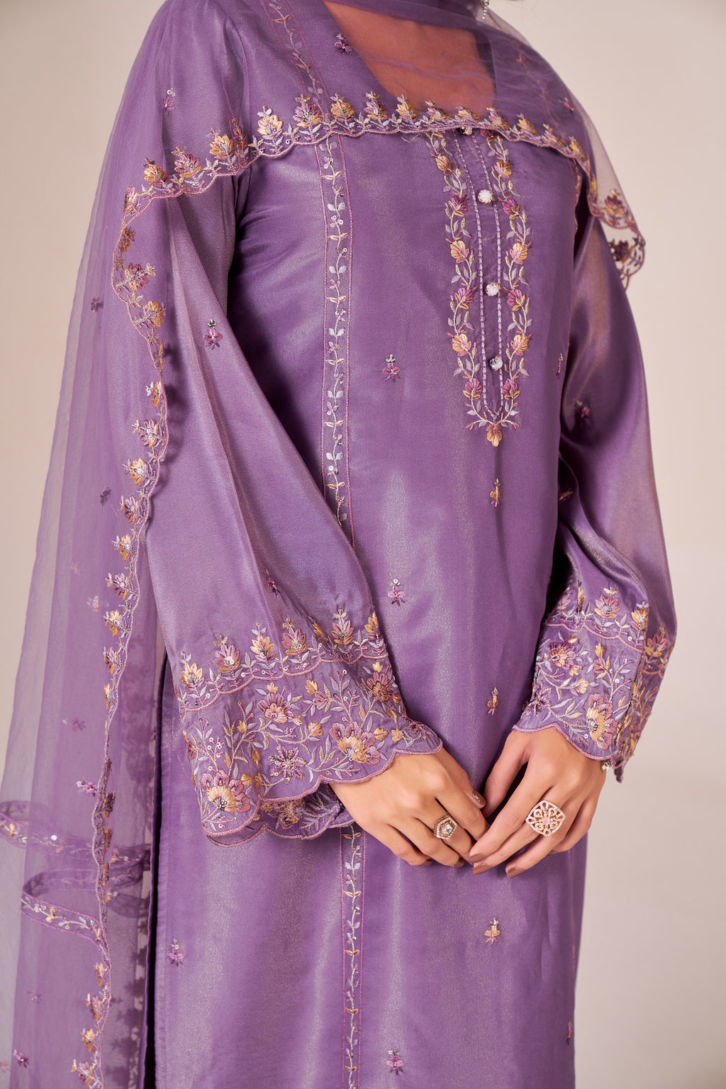 IOLY Ethnic Motifs Embroidered Thread Work Tissue Kurta With Trousers & Dupatta