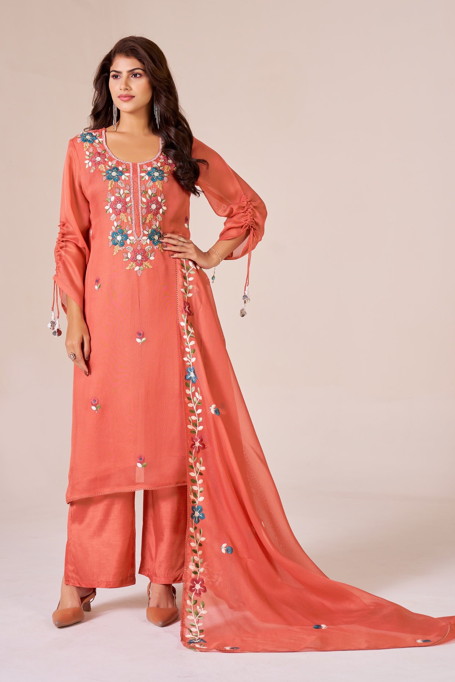 IOLY Women Ethnic Motifs Embroidered Silk Georgette Kurta with Palazzos & Dupatta