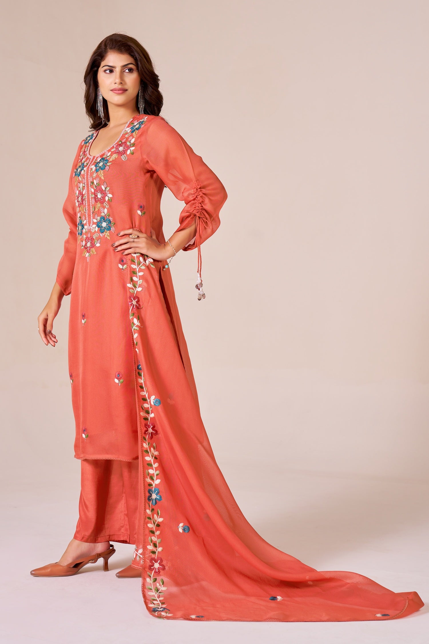 IOLY Women Ethnic Motifs Embroidered Silk Georgette Kurta with Palazzos & Dupatta