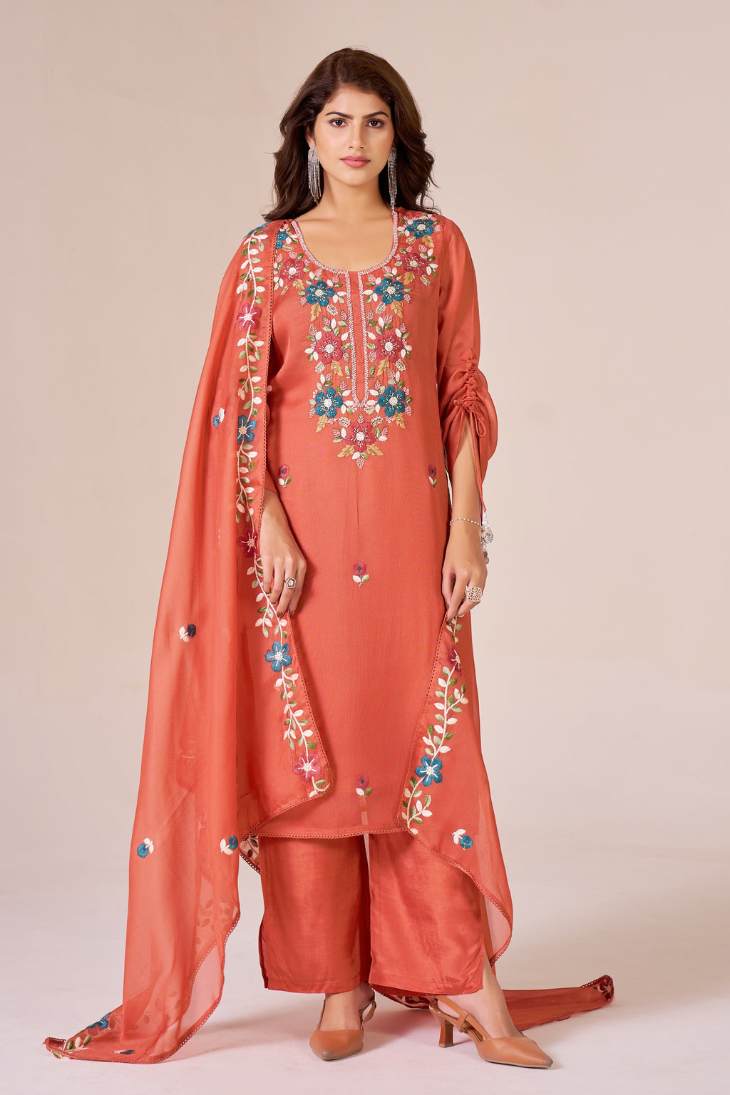 IOLY Women Ethnic Motifs Embroidered Silk Georgette Kurta with Palazzos & Dupatta