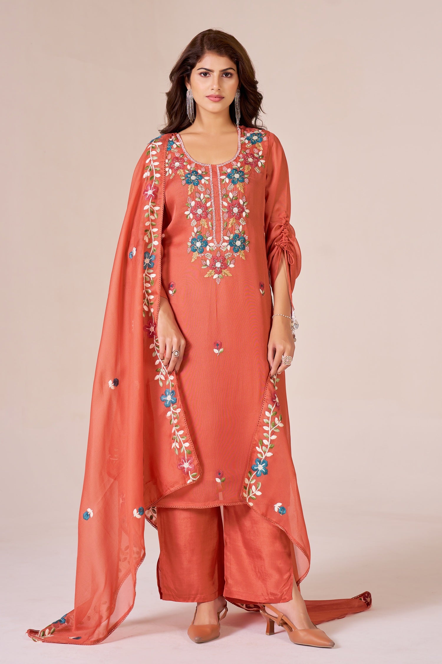 IOLY Women Ethnic Motifs Embroidered Silk Georgette Kurta with Palazzos & Dupatta