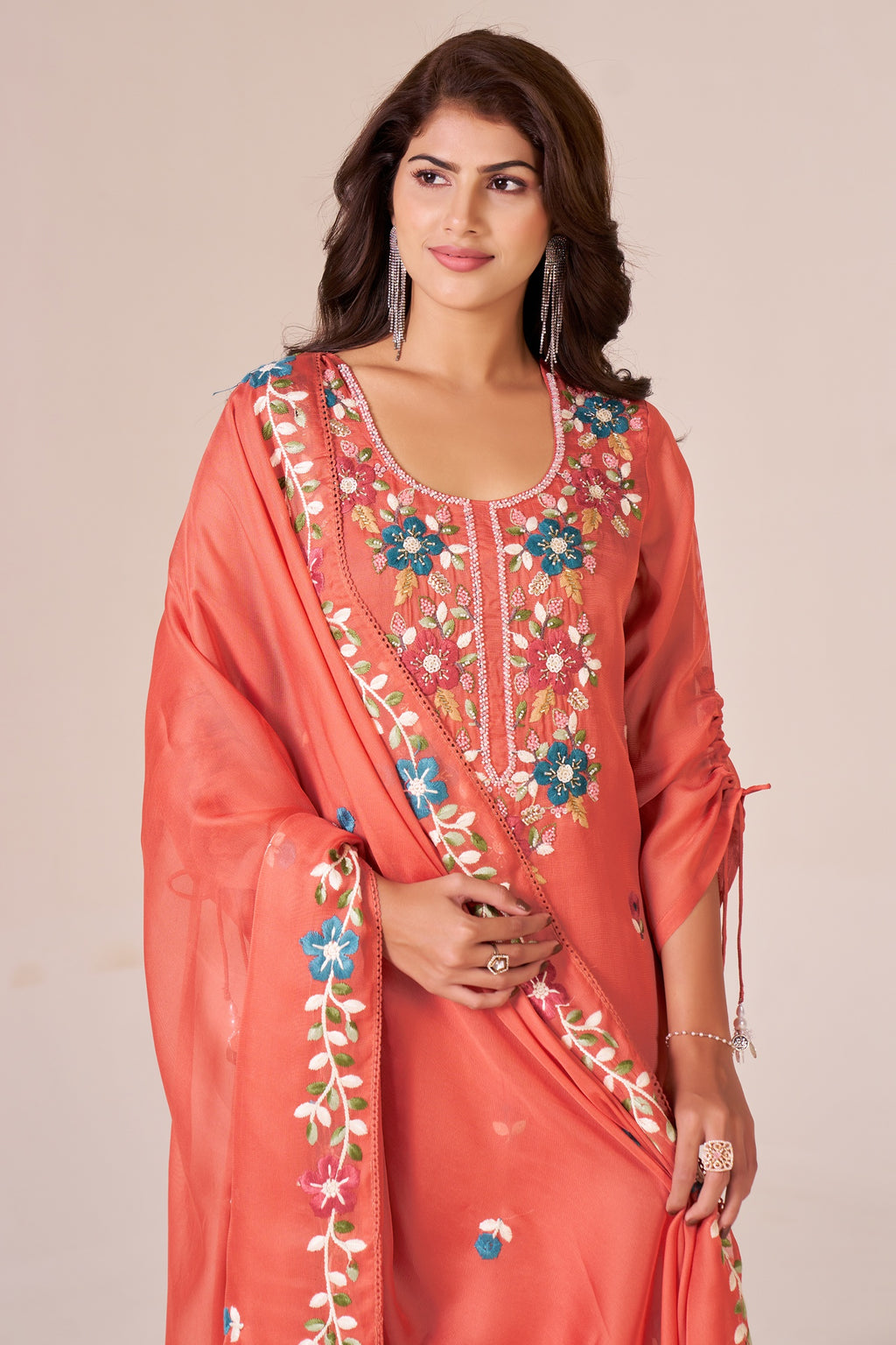 IOLY Women Ethnic Motifs Embroidered Silk Georgette Kurta with Palazzos & Dupatta