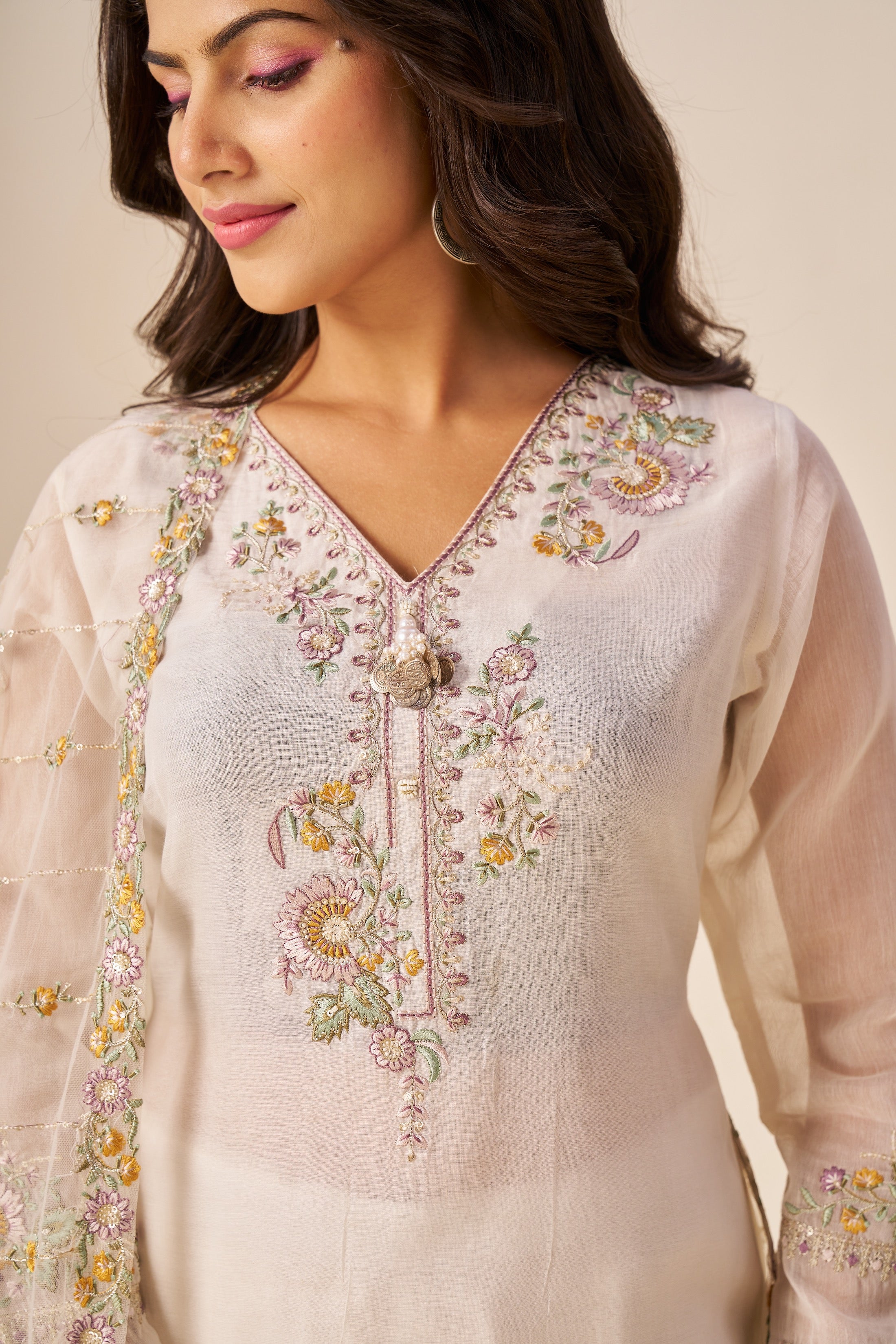 IOLY Floral Floral Yoke Design V-Neck Chanderi Cotton Kurta With Palazzos & Dupatta