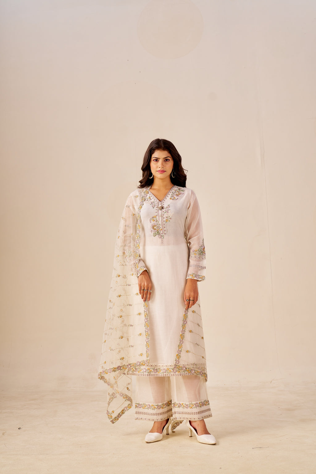 IOLY Floral Floral Yoke Design V-Neck Chanderi Cotton Kurta With Palazzos & Dupatta